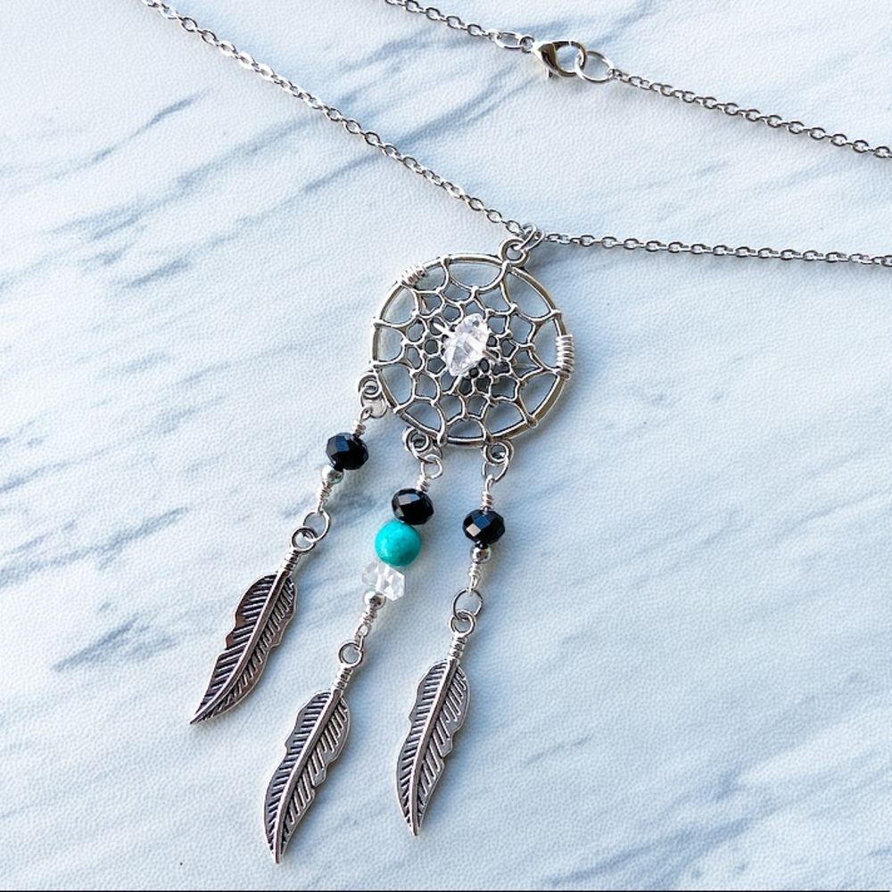 Dream catcher necklace . Herkimer diamonds turquoise gemstone boho jewelry - Picture 7 of 9